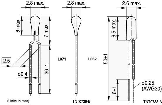 Technische Zeichnung - EPCOS / TDK L862 und L871 NTC-Thermistoren