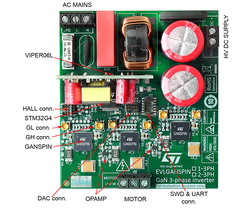 Schaltungsanordnung - STMicroelectronics EVLGANSPIN1-3PH Referenzdesign-Board