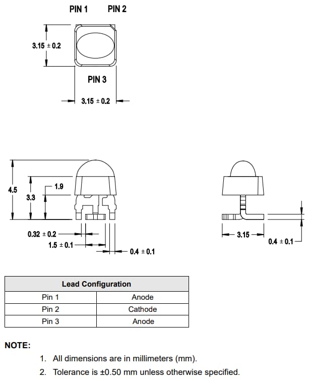 Technische Zeichnung - Broadcom AAMD-Lx3x/AAMD-LY33 Ovale Mini-LEDs mit hoher Helligkeit
