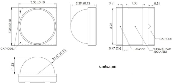 Technische Zeichnung - Lumileds LUXEON HL2X-V Gewölbte Hochleistungsemitter