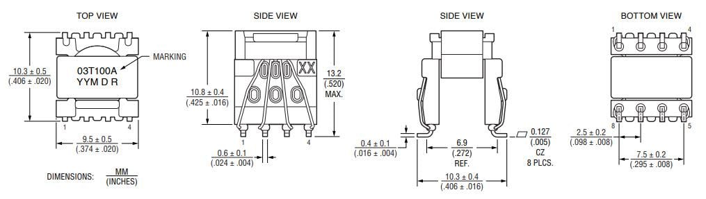 Technische Zeichnung - Bourns HVMA03T100A-ST10S GATE-Treiber-Transformatoren