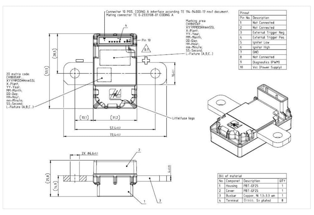 Technische Zeichnung - Littelfuse CH1B050P Pyro-fuse Trigger