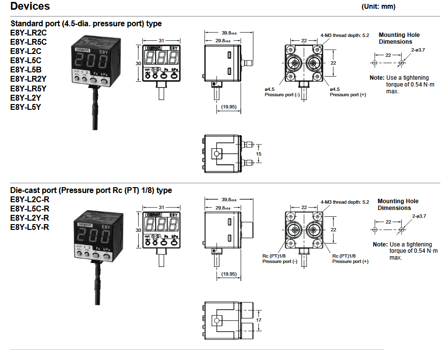 Technische Zeichnung - Omron Electronics E8Y-L Mikro-Drucksensoren mit digitalem Display