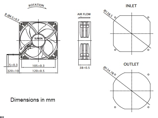 Mechanical Drawing - Sunon EF Series 120x38 DC Fans