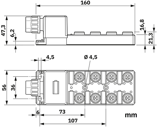 Technische Zeichnung - Phoenix Contact M12 Push-Pull-Sensor-/Aktor-Boxen (SACBs)