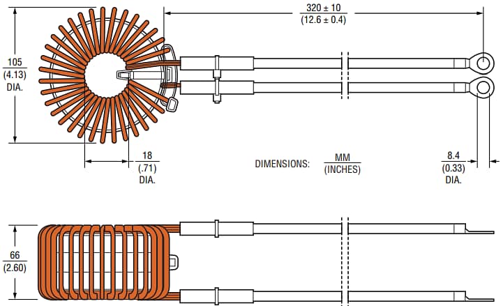 Technische Zeichnung - Bourns 15322x HPHR-Drosseln