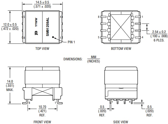 Technische Zeichnung - Bourns SM91259AL Transformator