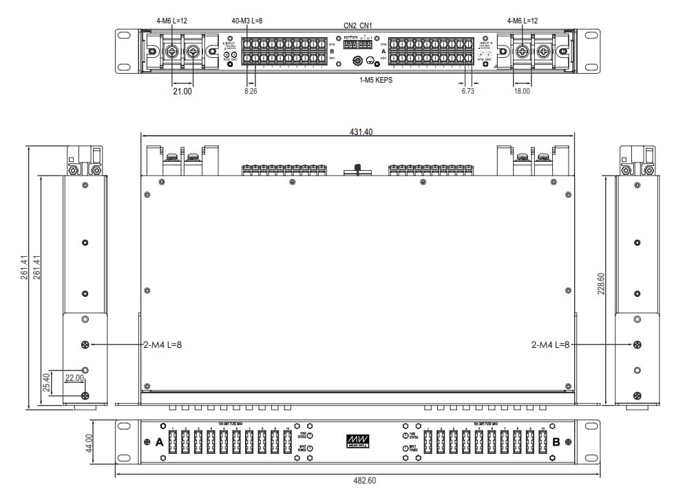 Technische Zeichnung - MEAN WELL RDU20G-200 Stromverteilungsgerät zur Rack-Montage