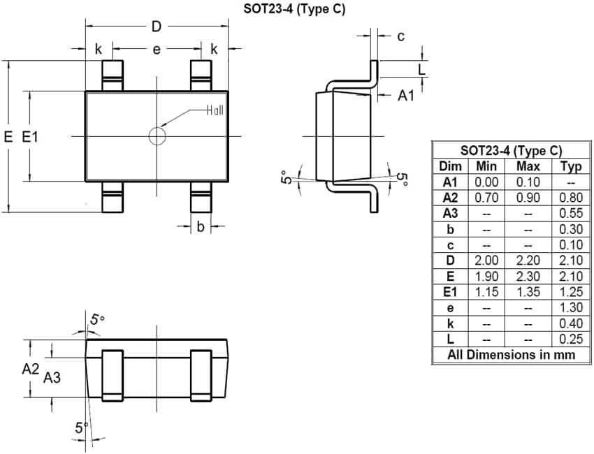Technische Zeichnung - Diodes Incorporated AHE108 InSb Hall-Elemente