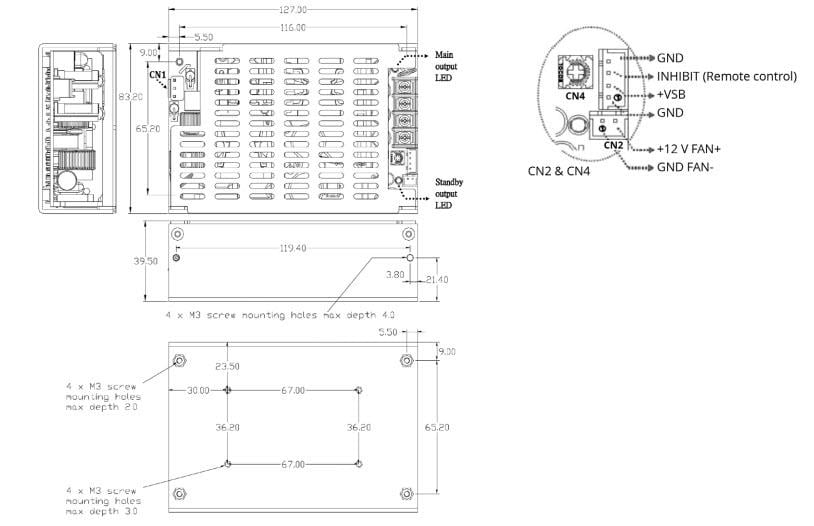 Technische Zeichnung - CUI Inc VGSM-280B Medizinische AC/DC-Netzteile
