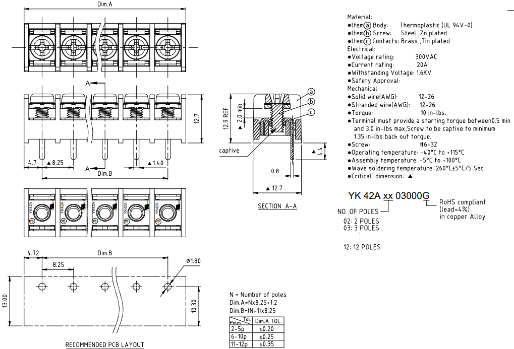 Technische Zeichnung - Amphenol Anytek YK42A Einreihige Barriere-Reihenklemmen