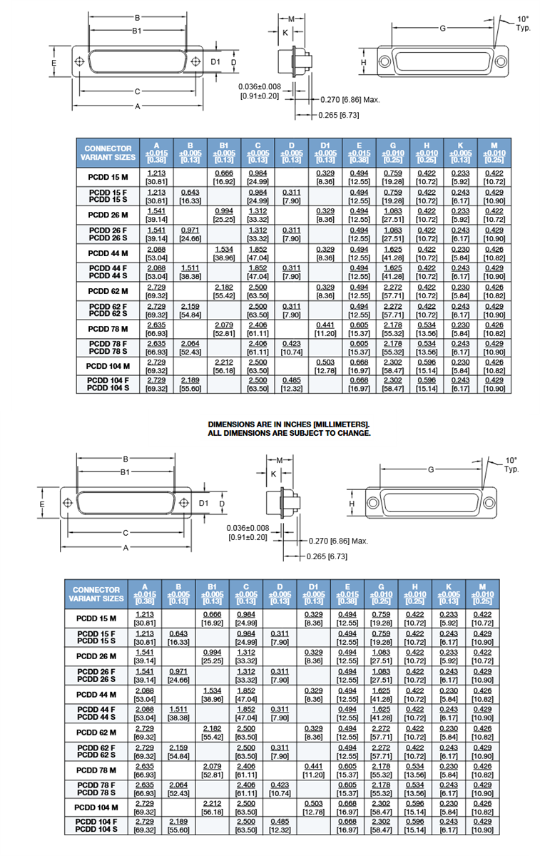 Technische Zeichnung - Positronic Kompatible Press-Fit-D-Sub-Steckverbinder