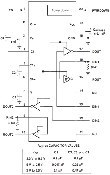Applikations-Schaltungsdiagramm - Texas Instruments MAX3222E Mehrkanal-RS-232-Leitungstreiber/Empfänger