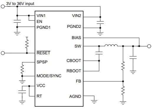 Schaltplan - Texas Instruments  Automotive-Abwärtswandler LM614xT-Q1 