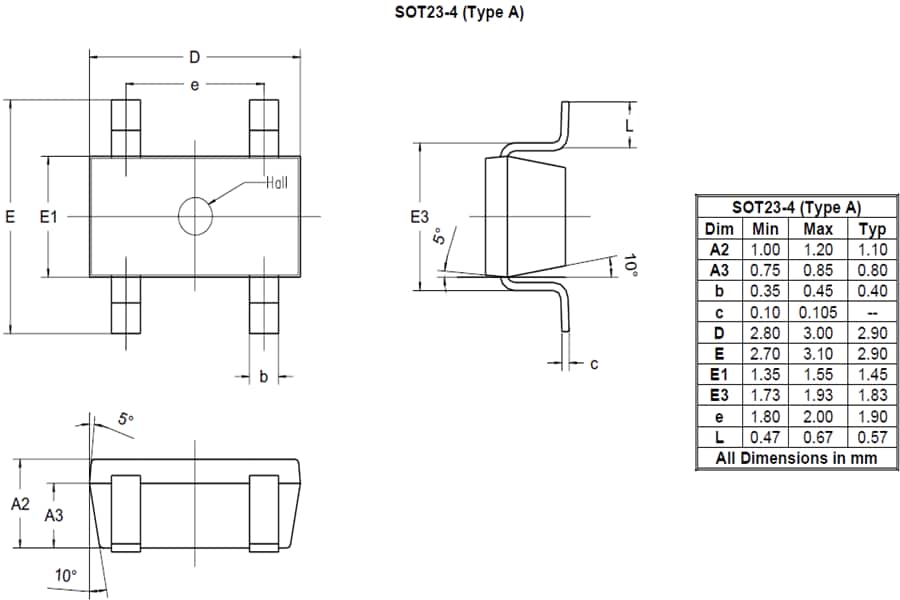 Technische Zeichnung - Diodes Incorporated AHE101 InSb Hall-Elemente