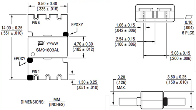 Technische Zeichnung - Bourns SM91803AL-E AEC-Q200-BMS-Signaltransformatoren