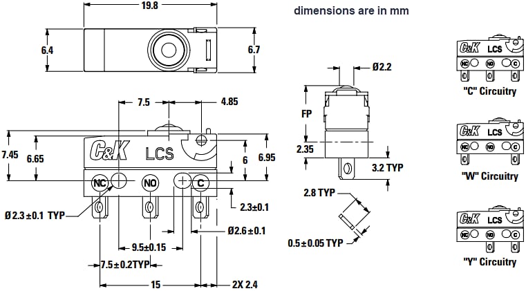 Technische Zeichnung - C&K Switches LCS Abgedichtete Schnappschalter in kleiner Größe