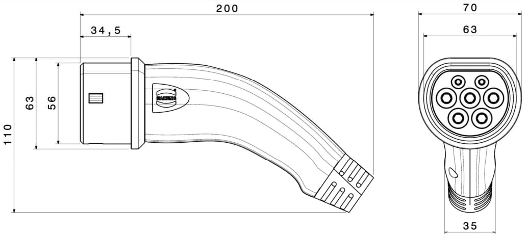 Technische Zeichnung - HARTING Fahrzeug -Typ 2 AC 3 Modus