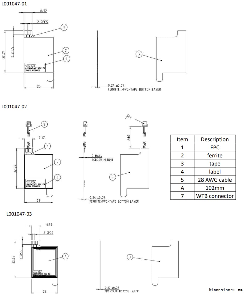 Technische Zeichnung - TE Connectivity L001047 Flexible PCB-Antennen (FPC)