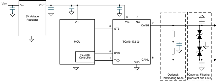 Applikations-Schaltungsdiagramm - Texas Instruments TCAN1472-Q1 Fehlergesicherter Transceiver für Kraftfahrzeuge