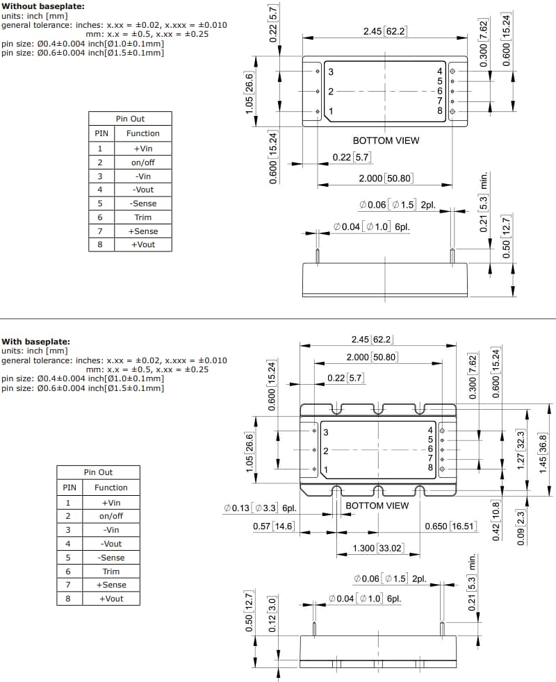 Technische Zeichnung - CUI Inc PRA100 100 W DC/DC Wandler