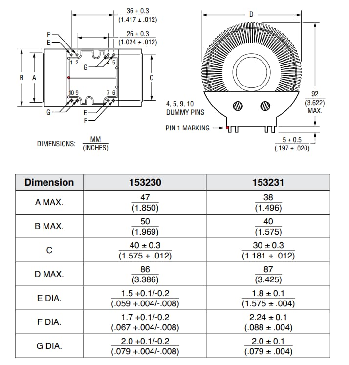 Technische Zeichnung - Bourns 15323x Hochleistung AC & DC Drosseln