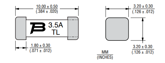 Technische Zeichnung - Bourns SF-3812TL-TS Hochspannungs-SMD-Sicherungen in Brick-Bauweise