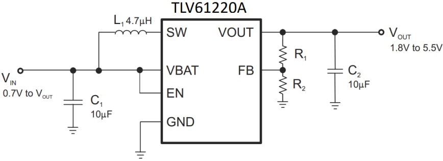 Applikations-Schaltungsdiagramm - Texas Instruments TLV61220A Aufwärtswandler mit niedriger Eingangsspannung