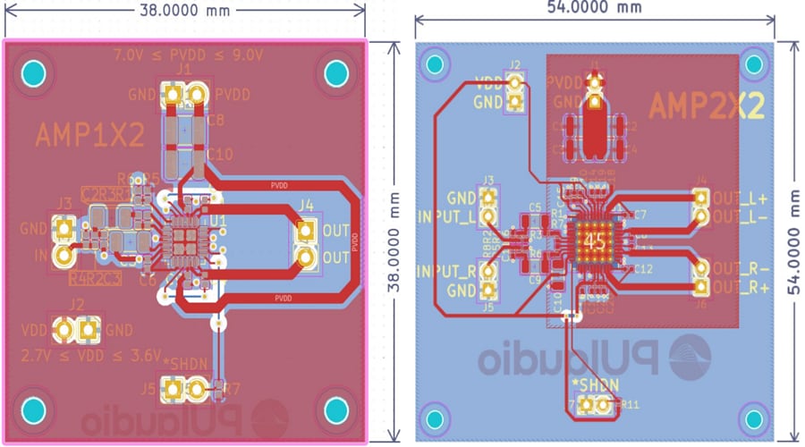 Technische Zeichnung - PUI Audio AMP1X2 & AMP2X2 Audioverstärker-Evaluierungsplatinen