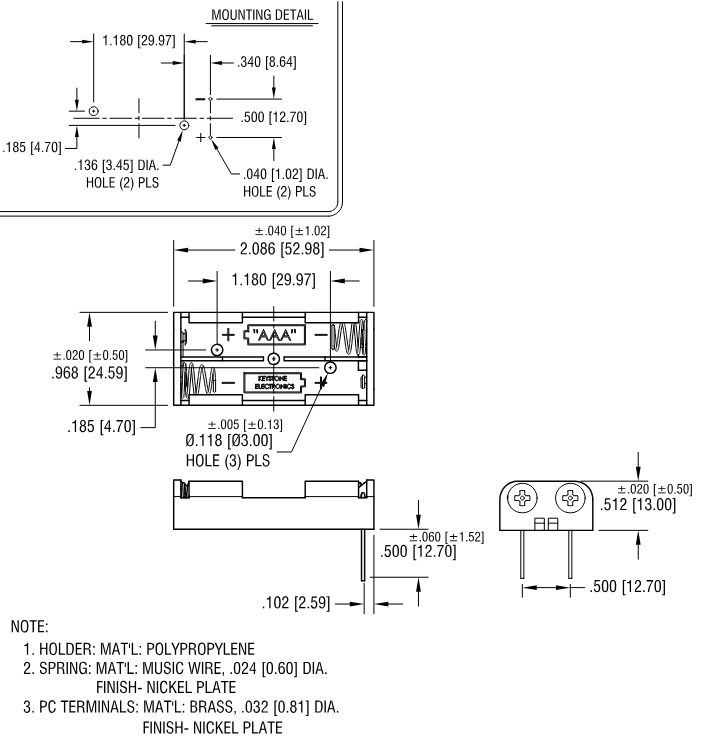 Mechanical Drawing - Keystone Electronics 2468NP 2 Lithium AAA Non-Polarized Cell Holders