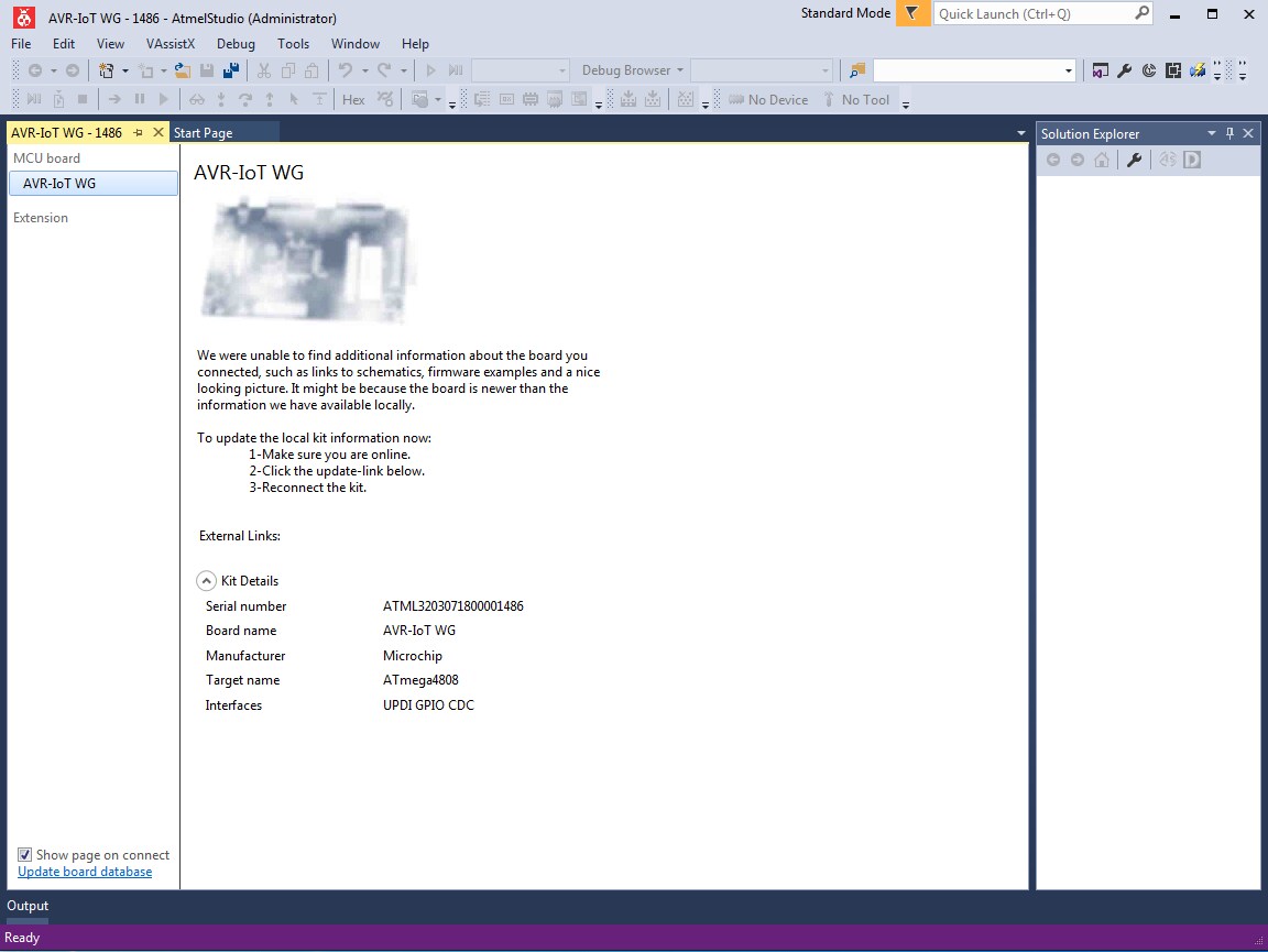 Screen capture showing the Initial AVR-IoT WG Page in Atmel Studio 7