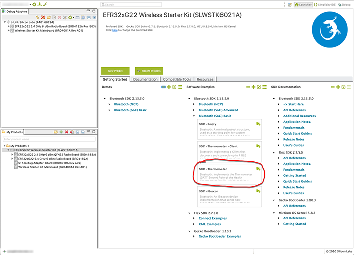 The view of Simplicity Studio with boards connected and SDKs installed
