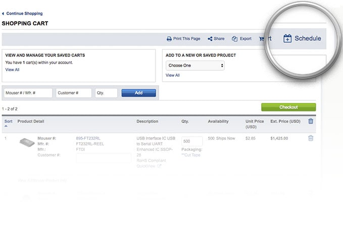 Mouser Warenkorb Die Schaltfläche für die Planung der Bestellung ist auf der Warenkorbseite markiert.