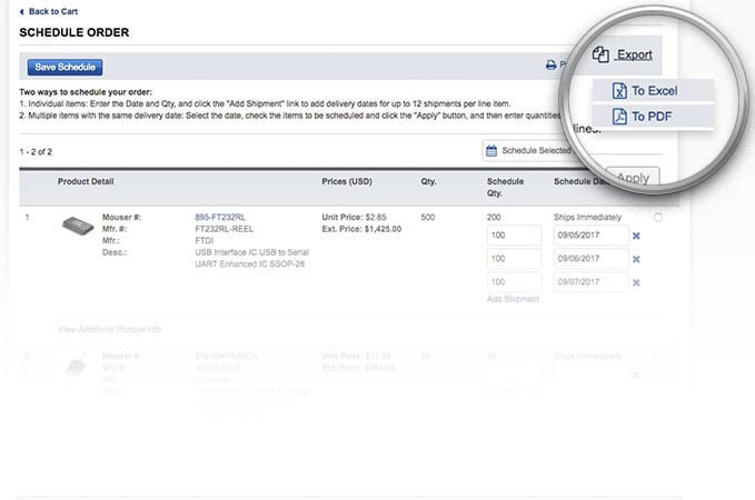 Lieferplan Export-Dropdown-Optionen auf der Seite für die Lieferplanung.